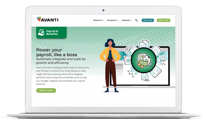 Avanti website screenshot: Power your payroll, like a boss