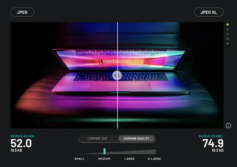 Screenshot showing the comparison slider JPEG vs JPEG XL form the JPEG XL community site.