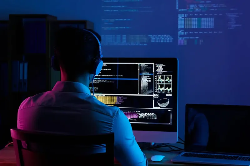 Man with headphones sitting in front of a computer, programming.