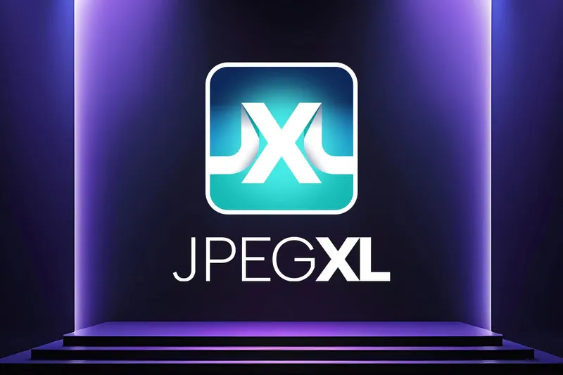 The new JPEG XL community logo presented on a stage